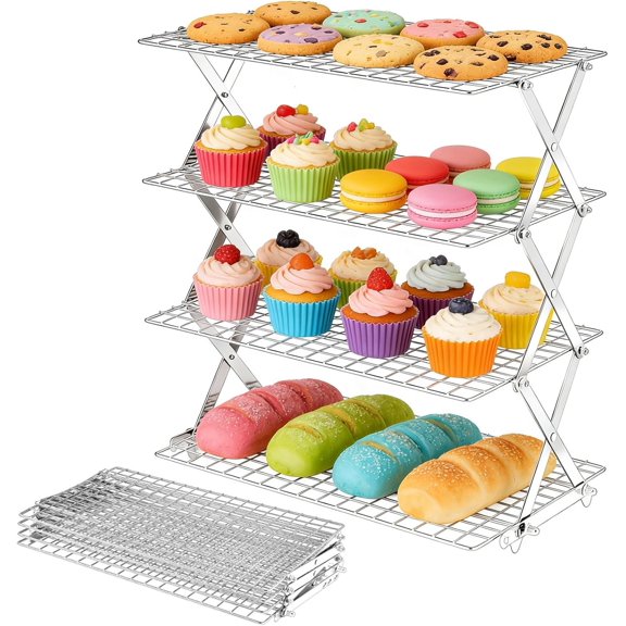 4 Tier Collapsible Cooling Rack - Adjustable Stainless Steel Baking Rack with Leak-Proof Mesh, X-Shaped Structure Cooling Rack for Cooking and Baking, Roasting Grilling Gift for Party