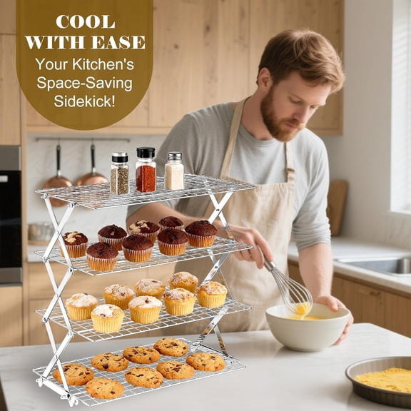 4 Tier Collapsible Cooling Rack - Adjustable Stainless Steel Baking Rack with Leak-Proof Mesh, X-Shaped Structure for Cooking and Baking