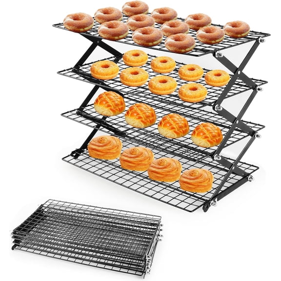 4-Tier Collapsible Cooling Rack with Adjustable 3 Setting, Wire Cooling Roasting Cooking Baking Drying Rack for Cookies Bread (Black-4 Tier)