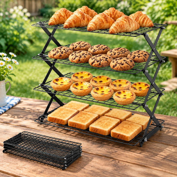 4 Tier Collapsible Cooling Racks, Stackable Bakers Rack, Black