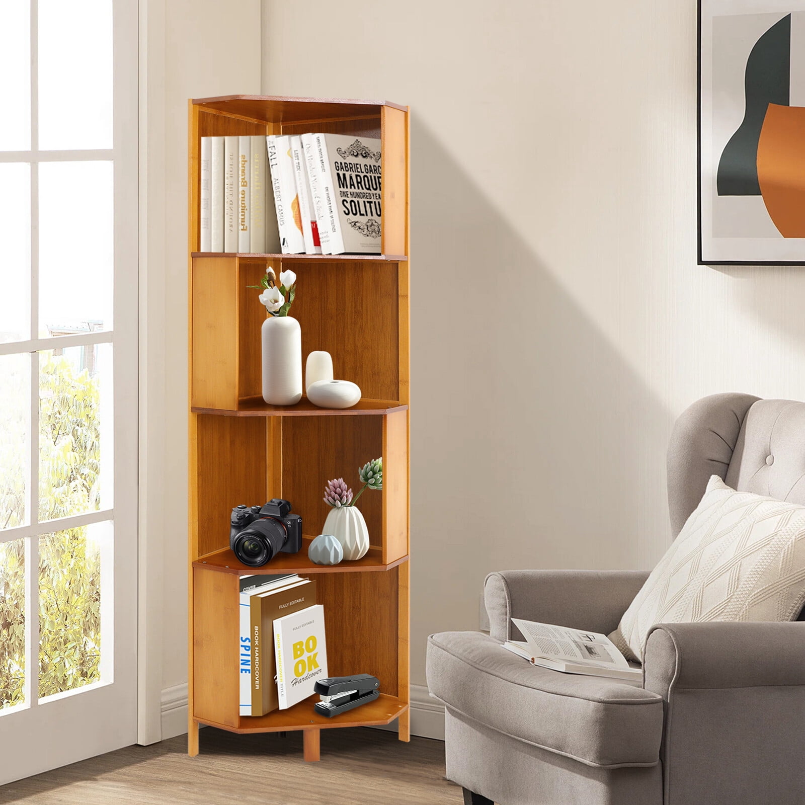 4 Tier Corner Bookshelf A Shaped Wooden Bookcase Tower With Photo Inspiration