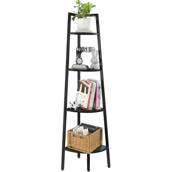 4-Tier Corner Bookshelf with Metal Frame - Ladder Display Shelf for Bedroom and Living Room, Tall Wood Corner Bookcase and Plant Stand