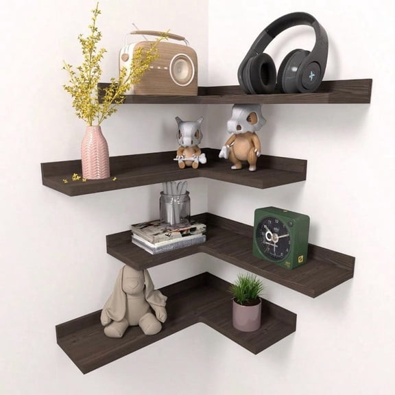 4 Tier Corner Floating Shees Set of 4 Rustic Pine Corner Shees for Wall Storage and Decor L-Shaped Corner Wall Mounted Shelf for Bedroom Living Room Bathroom Kitchen Dark Brown