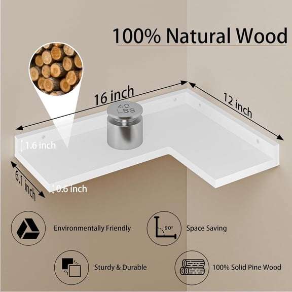 4-Tier Corner Floating Shelves, Rustic Pine L-Shaped Shelves for Creative Wall Storage in Bedroom, Bathroom & Any Room - White