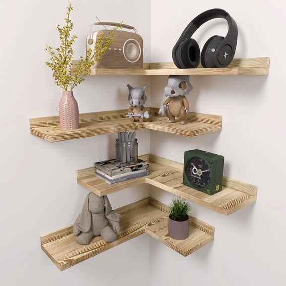 4 Tier Corner Floating Shelves Set of 4, Rustic Pine Corner Shelves for Wall Storage and Decor, L-Shaped Corner Wall Mounted Shelf for Bedroom, Living Room, Bathroom, Kitchen - Carbonized Black