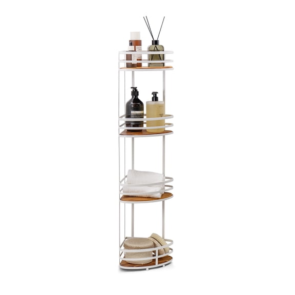 4-Tier Corner Floor Caddy with Acacia Wood Accents in Matte White