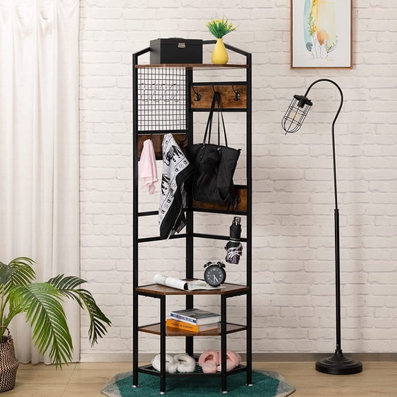 4-Tier Corner Industrial Hall Tree, Freestanding Entryway Coat Storage Rack with Hooks and Wooden Storage Shelves, Black