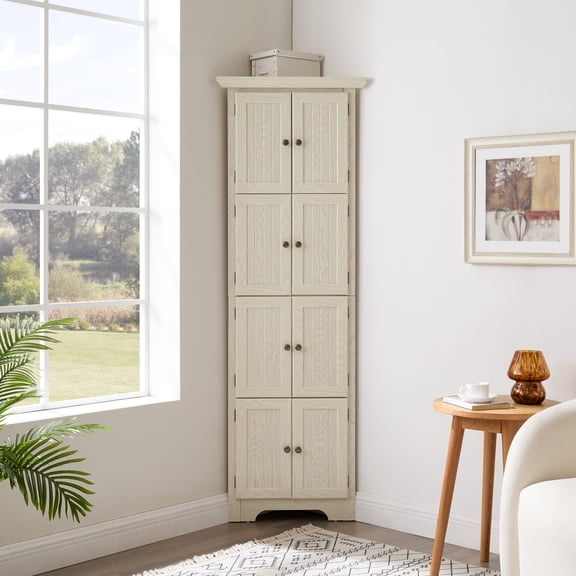 4-Tier Corner Kitchen Pantry Storage Cabinet with 8 Doors, 72" Tall Storage Cabinet with Sturdy Base, Farmhouse Corner Cabinet for Bathroom, Living room, Kitchen, White