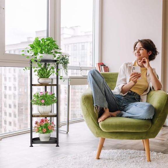 4 Tier Corner Plant Stand Indoor, 45 Inch Tall Vertical Metal Flower Heavy Duty Pot Holder Shelf Outdoor for Porch Living Room, Modern Black & Rustic Brown - Round