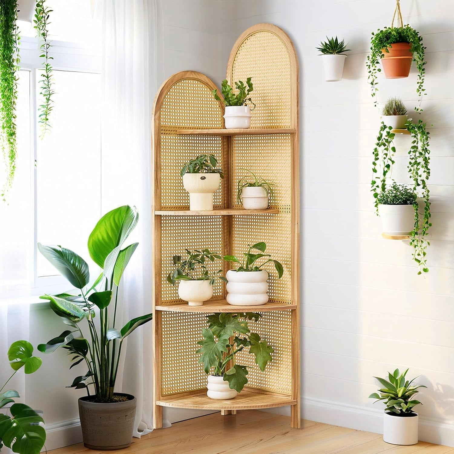 Image result for 4-Tier Corner Shelf Stand 70" Rattan Display Rack with Solid Wood Frame ...