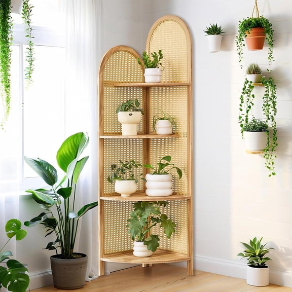 4-Tier Corner Shelf Stand 70" Rattan Display Rack with Solid Wood Frame for Living Room Decor Small Space Natural