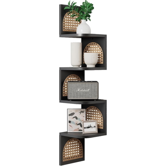 4-Tier Corner Shelves - Zig Zag Rattan Wall Shelf, Black Corner Shelf Wall Mounted, Floating Shelves for Bedroom, Bathroom & Living Room