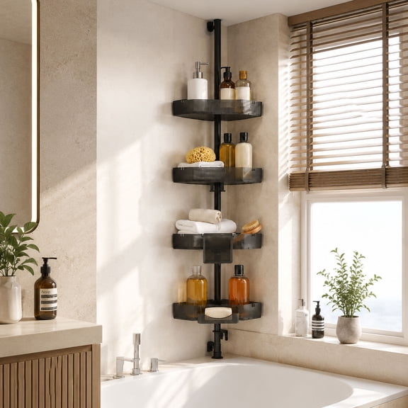 4-Tier Corner Shower Caddy,Adjustable Wall Mounted Corner Organizer,No Drilling Bathroom Corner Shelf with ABS Basket Rustproof Carbon Steel Shower Shelf for Bathroom Storage, Black