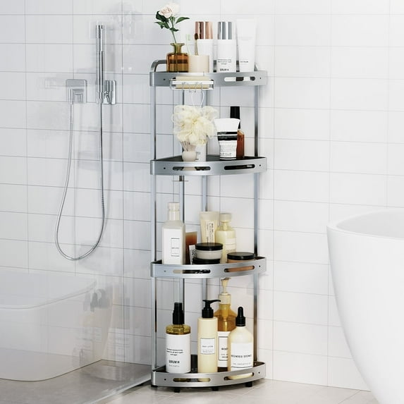 Corner Shower Caddy Standing - 4 Tier Acrylic Shower Organizer with Soap Holder, Aluminium Corner Shelf Standing for Bathroom