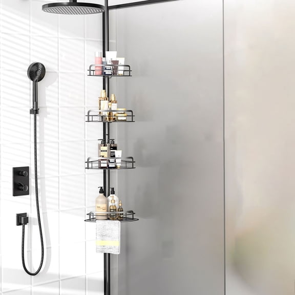 4-Tier Corner Shower Caddy Tension Pole, Adjustable Rust-Free Bathroom Organizer, Drill-Free, Black