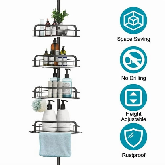 4-Tier Corner Shower Caddy Tension Pole Adjustable Rustproof Bathroom Organizer for Shampoo & Towels, Space-Saving Drill-Free Storage Rack Fits 8.66116 Inch Height, Black