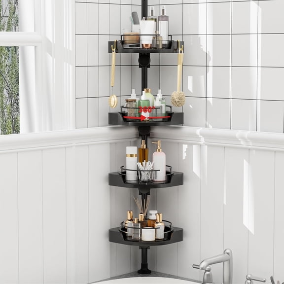 4 Tier Corner Shower Caddy Tension Pole with Hooks, 360 Rotating Rustproof Bathtub Shower Organizer, 33.5-124 Inch Adjustable Floor to Ceiling Shower Caddy (Black)