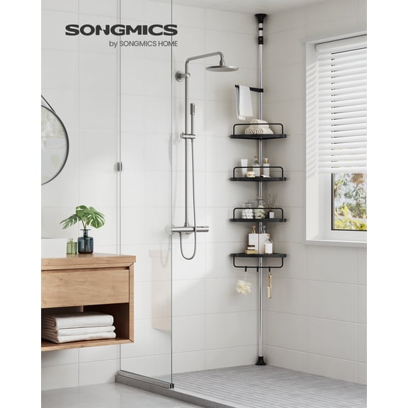 SONGMICS 4-Tier Corner Shower Caddy Tension Pole, Rust-Resistant Shower Organizer, Drill-Free, 35.8 to 118.1 Inches, Height Adjustable, for Bathroom, Black