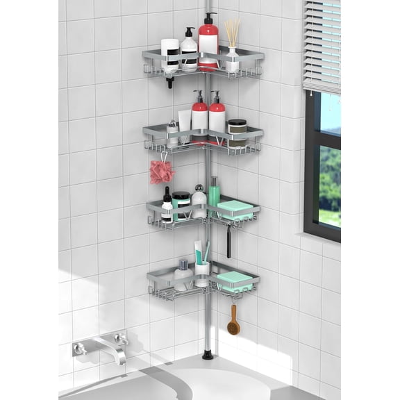 4-Tier Corner Shower Caddy with Adjustable Tension Pole  Light Gray, Rust-Resistant Stainless Steel, 25114.2 Inch Height