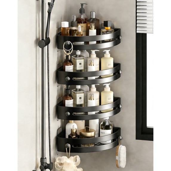 4-Tier Corner Shower Shelf No Drill Adhesive Wall Mounted Bathroom Organizer, Strong Adhesive PP Space Aluminum Quick Dry Water Drainage Removable Shower Caddy for Bathroom - Black