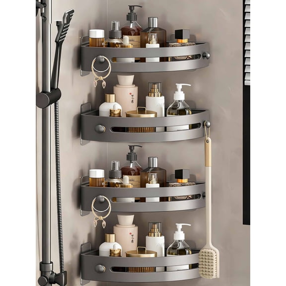 4-Tier Corner Shower Shelf No Drilling Adhesive Bathroom Organizer, Wall Mounted Bath Corner Shelf for Shower Caddy, Quick-Dry Ventilated Space Saving PP Shower Storage Rack - Gray