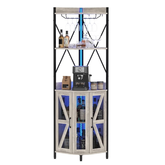 4-Tier Corner Wine Rack & Bar Cabinet with LED Lights, Built-in Power Outlet & Glass Holder, Collapsible Freestanding Wine Storage with Mesh Door for Living Room, Kitchen, Dining Room, Small Spaces