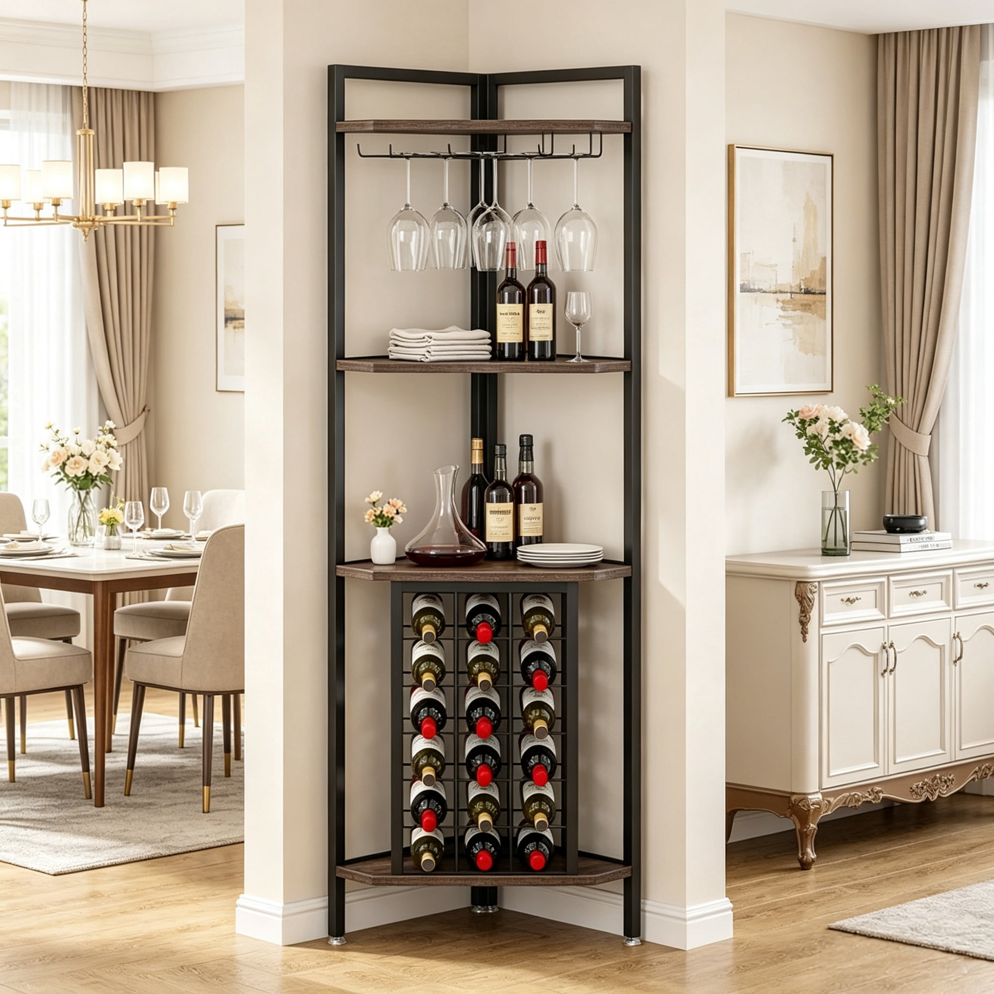 4 Tier Corner Wine Rack with Glass Holder, Storage Shelves and Bottle Display