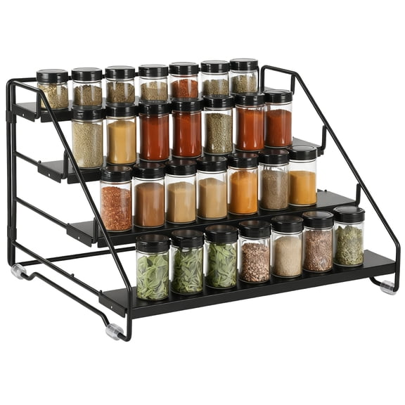 4 Tier Countertop Spice Rack, Adjustable Depth Seasoning Organizer, Carbon Steel Spice Rack for Cabinet, Holds 24 Spice Jars, Easy Installation, 13.2 x 10.2 x 8.3 In