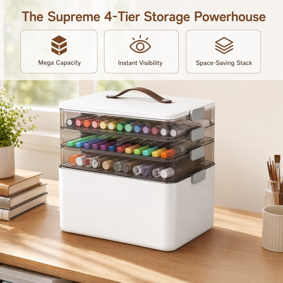 4-Tier Craft Storage Box with Lid and Latch, Portable Medicine Cabinet Organizer with Leather Handle, Space-Saving Bin for Art Supplies, Sewing, Home Office, and First Aid