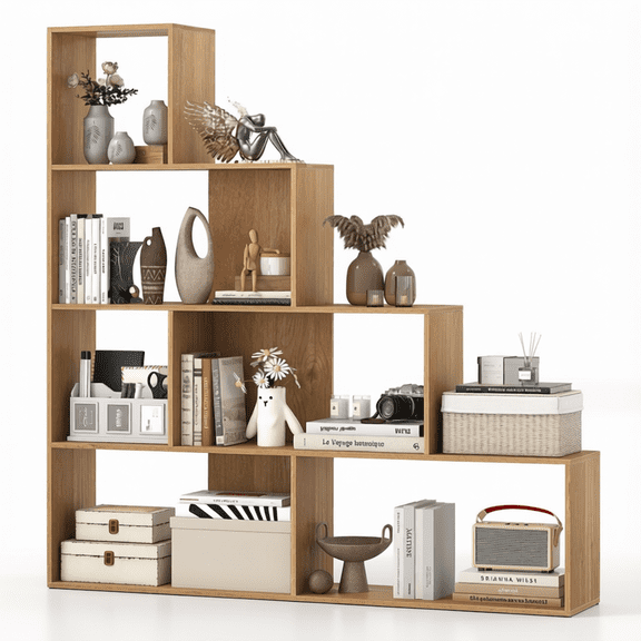 4-Tier Cube Bookshelf, 64" Tall Modern Ladder Storage Wooden Bookcase with Anti-Tipping Device, 6 Open Cubes Geometric Bookcase for Living Room, Home, Office and Bedroom (Natural)