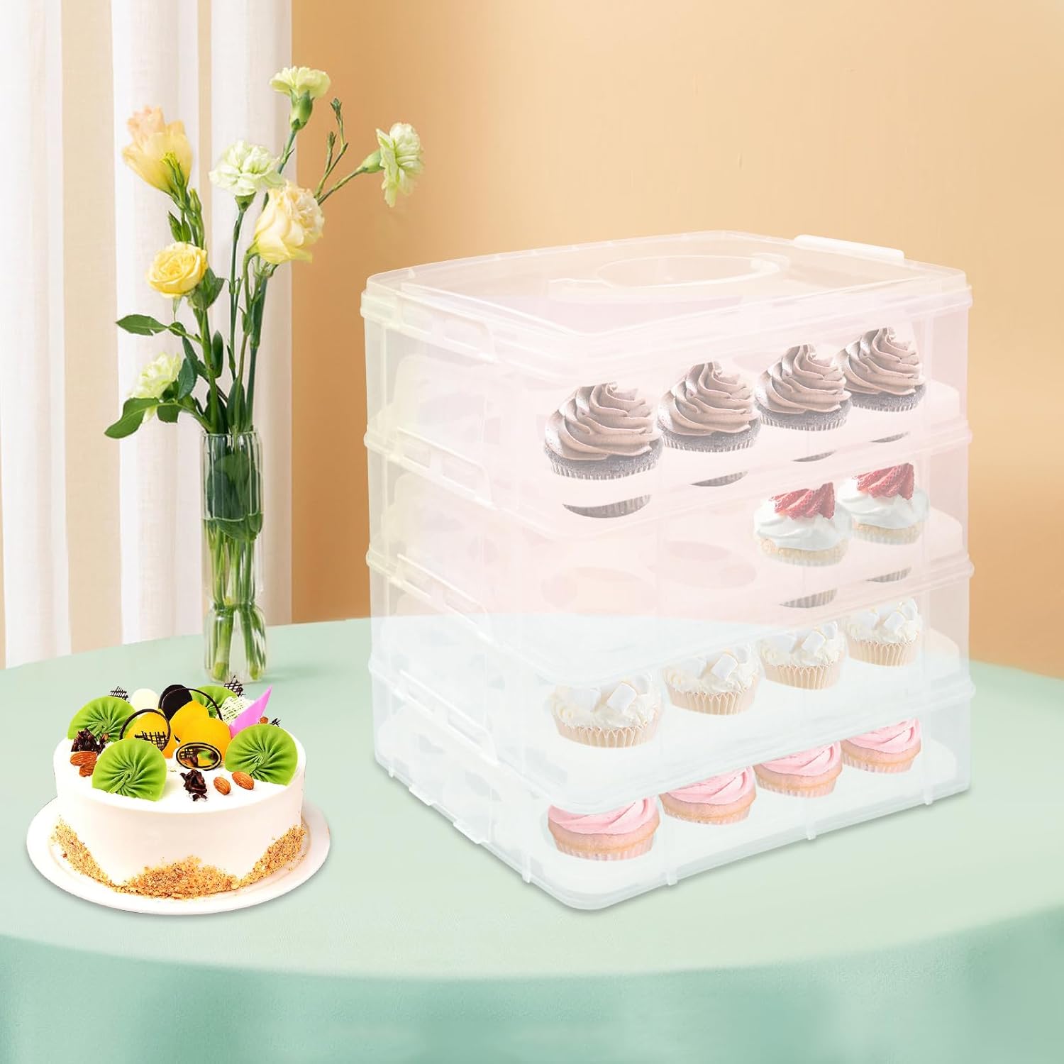 4 Tiers 48 Holes Safe&Stable Cupcake Carrier PP Rectangular Cupcake ...