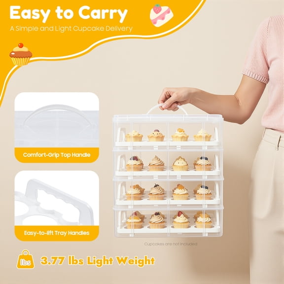 4 Tier Cupcake Carrier, Stackable Cupcake Holder Storage Container with Lid and Handle, Removable Tray Cake Transport Container for Cupcakes Muffins Cookies Desserts, Holds 48 Cupcakes