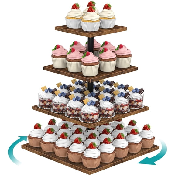 4 Tier Cupcake Stand, 360 Rotating Cupcake Stand for 50 Cupcakes, Square Tiered Cup Cake Tower Holder, Wooden Dessert Display Stands for Party Wedding Graduation Birthday Baby Shower