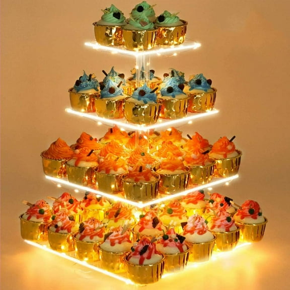 4 Tier Cupcake Stand Acrylic Tower Display with LED Light Premium Holder Dessert Tree Tower for Birthday Cady Bar Dcor Weddings, Parties Events (Yellow Light)