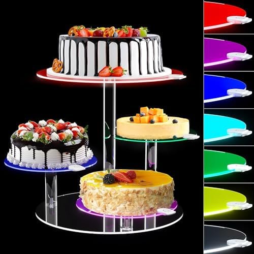 4 Tier Cupcake Stand Acrylic Tower Display with LED Light Premium Holder Dessert Tree Tower Cake Stand with Rechargable LED Light, Round Light Up Cupcake Stand, Cupcakes and Cakes Comb for