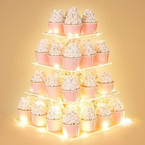 4 Tier Cupcake Stand with LED String Light, Acrylic Cupcake Display Stand, Square Cupcake Tower Holder, Cup Cake Stand for Birthday, Wedding, Baby Shower, Party Warm