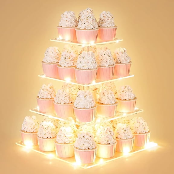 MY 4 Tier Cupcake Stand with LED String Light, Acrylic Cupcake Display Stand, Square Cupcake Tower Holder, Cup Cake Stand for Birthday, Wedding, Baby Shower, Party