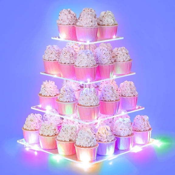 4 Tier Cupcake Stand with LED String Light, Cupcake Display Stand, Square Cupcake Tower Holder, Cup Cake Stand for Birthday, Wedding, Shower, Party
