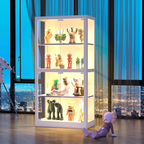 4-Tier Curio Display Cabinet with Glass Doors, 3 Color Temperatures LED Lights for Collectibles, , Action Figures & Trophies, Glass Display Case with 4 Shelves Storage Cabinet (White)