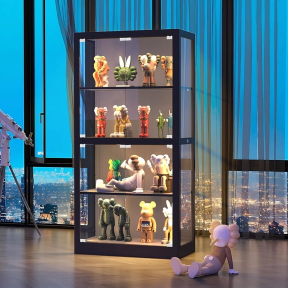 4-Tier Curio Display Cabinet with Glass Doors, 3 Color Temperatures LED Lights for Collectibles, , Action Figures & Trophies, Glass Display Case with 4 Shelves Storage Cabinet (Black)