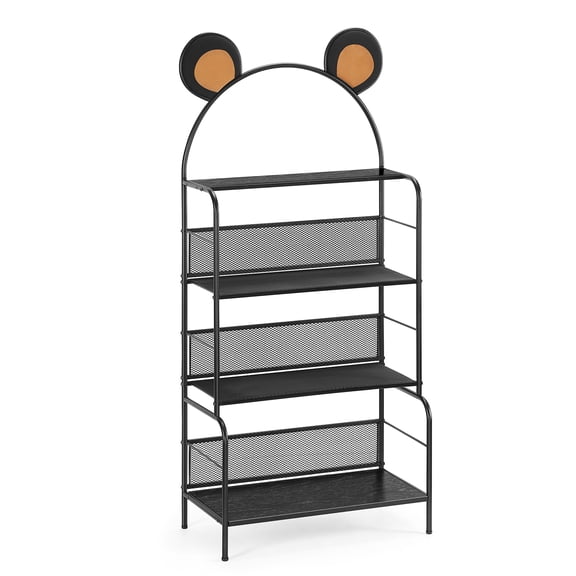 4-Tier Cute Bear Ear Metal Storage Shelf, Freestanding Open Bookshelf, Display Rack for Bedroom, Nursery & Living Room Black
