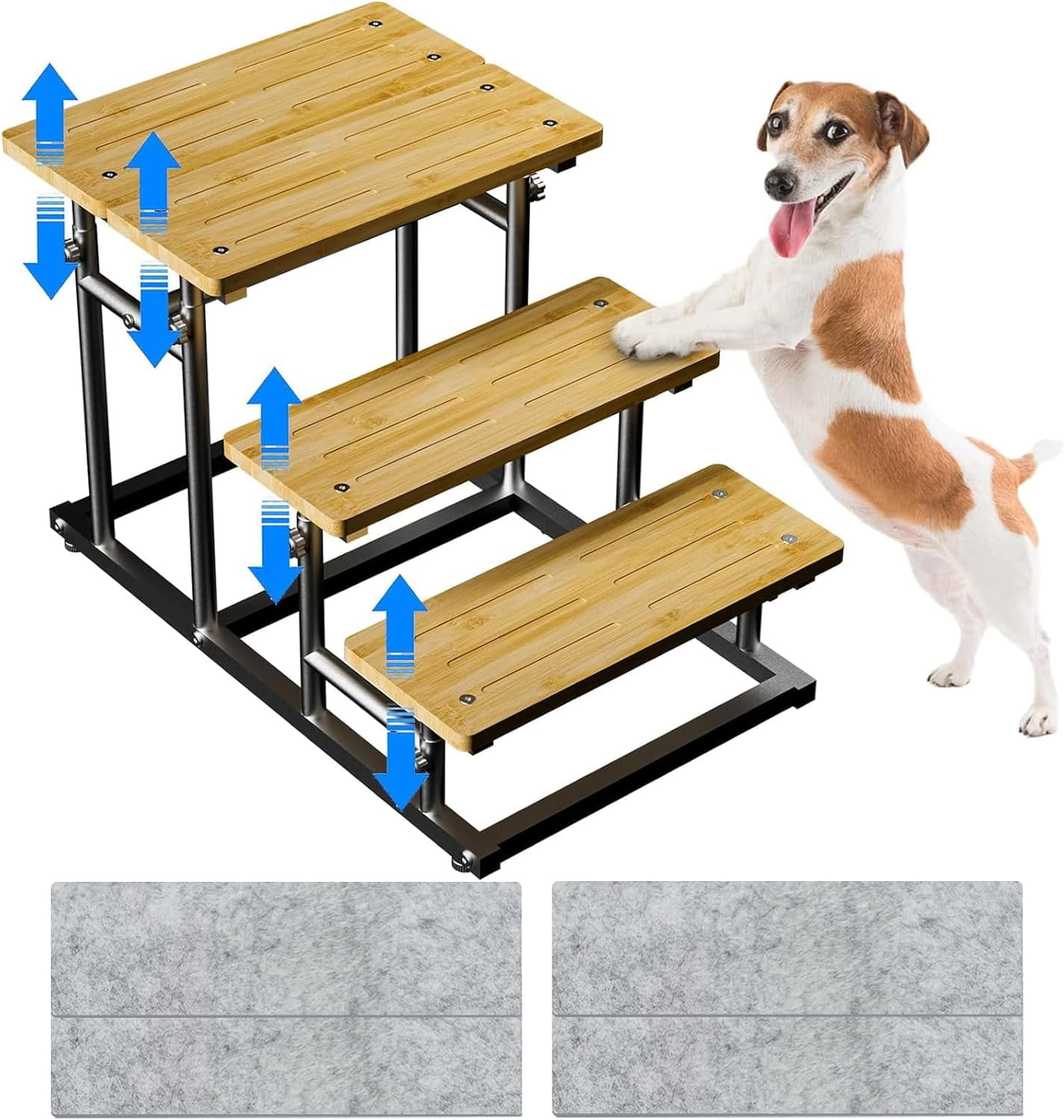 Adjustable Bamboo and Metal 4-Tier Pet Stairs with Non-Slip Steps
