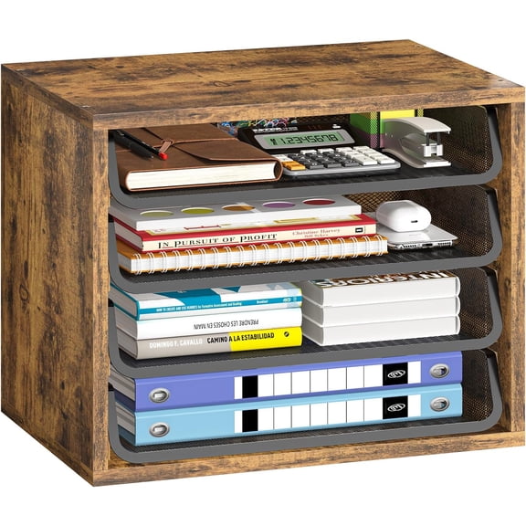 4-Tier Desk File Organizer, Adjustable Shelf, Rustic Brown | Wooden, Letter Tray Paper Organizer with Side File Holder, File Sorter for Office Home Classroom, 10.75"D x 15.2"W x 11.8"H