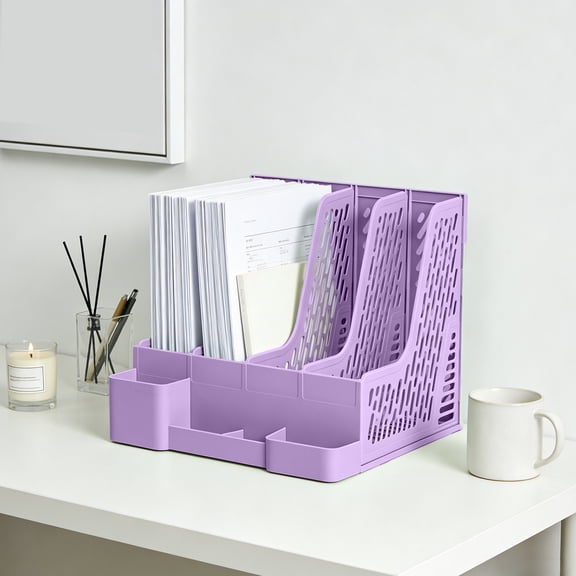 4 Tier Desk File Organizer, Vertical Letter Tray with Detachable Pen Holder, Office Document Sorter, Plastic Desktop Paper Rack, Office Supplies
