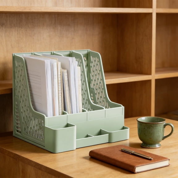 4 Tier Desk File Organizer, Vertical Letter Tray with Detachable Pen Holder, Office Document Sorter, Plastic Desktop Paper Rack, Office Supplies