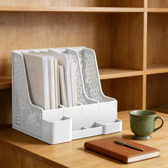 4 Tier Desk File Organizer, Vertical Letter Tray with Detachable Pen Holder, Office Document Sorter, Plastic Desktop Paper Rack, Office Supplies