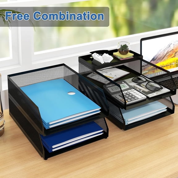 4-Tier Desk Organizer,Stackable Paper Tray, Desk Accessories,Metal Mesh Desktop Organizer, Paper Sorter, Letter Trays,File Document Storage Rack for for Home, Office, School (Black)