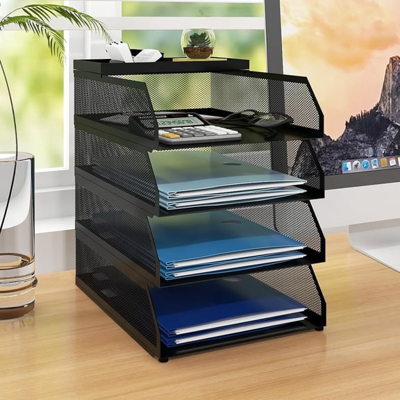 4-Tier Desk Organizer,Stackable Paper Tray, Desk Accessories,Metal Mesh Desktop Organizer, Paper Sorter, Letter Trays,File Document Storage Rack for for Home, Office, School (Black)