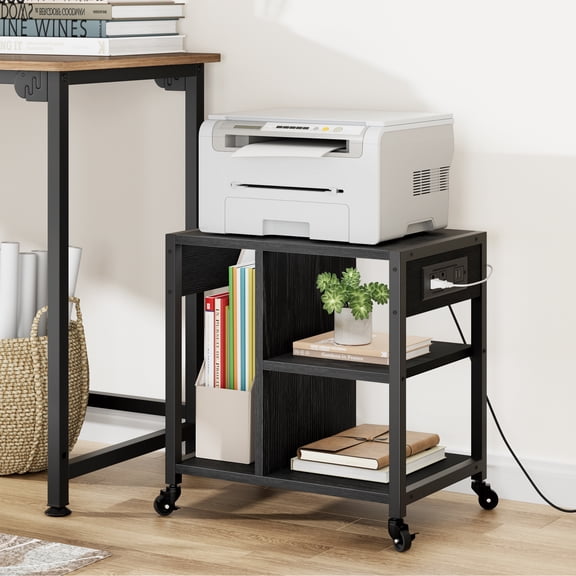 4 Tier Under Desk Printer Stand with Wheels & Power Outlets, Mobile Printer Table with Storage Shelves, Rolling Printer Cart for Home Office, Black EliteEdge
