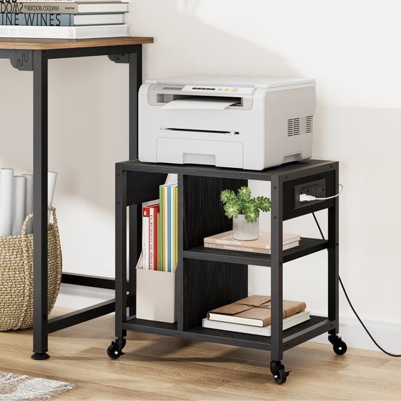 4 Tier Under Desk Printer Stand with Wheels & Power Outlets, Mobile Printer Table with Storage Shelves, Rolling Printer Cart for Home Office, Black EliteEdge